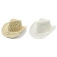 thumbnail image 1 of 2 Pack(White & Beige) Women Men Summer Western Cowboy Hats Cowboy Hat Shapeable Straw Cowboy Hats for Women Western Hat Hollowed Out Sun Cowboy Hat Brush Hat T, 1 of 3