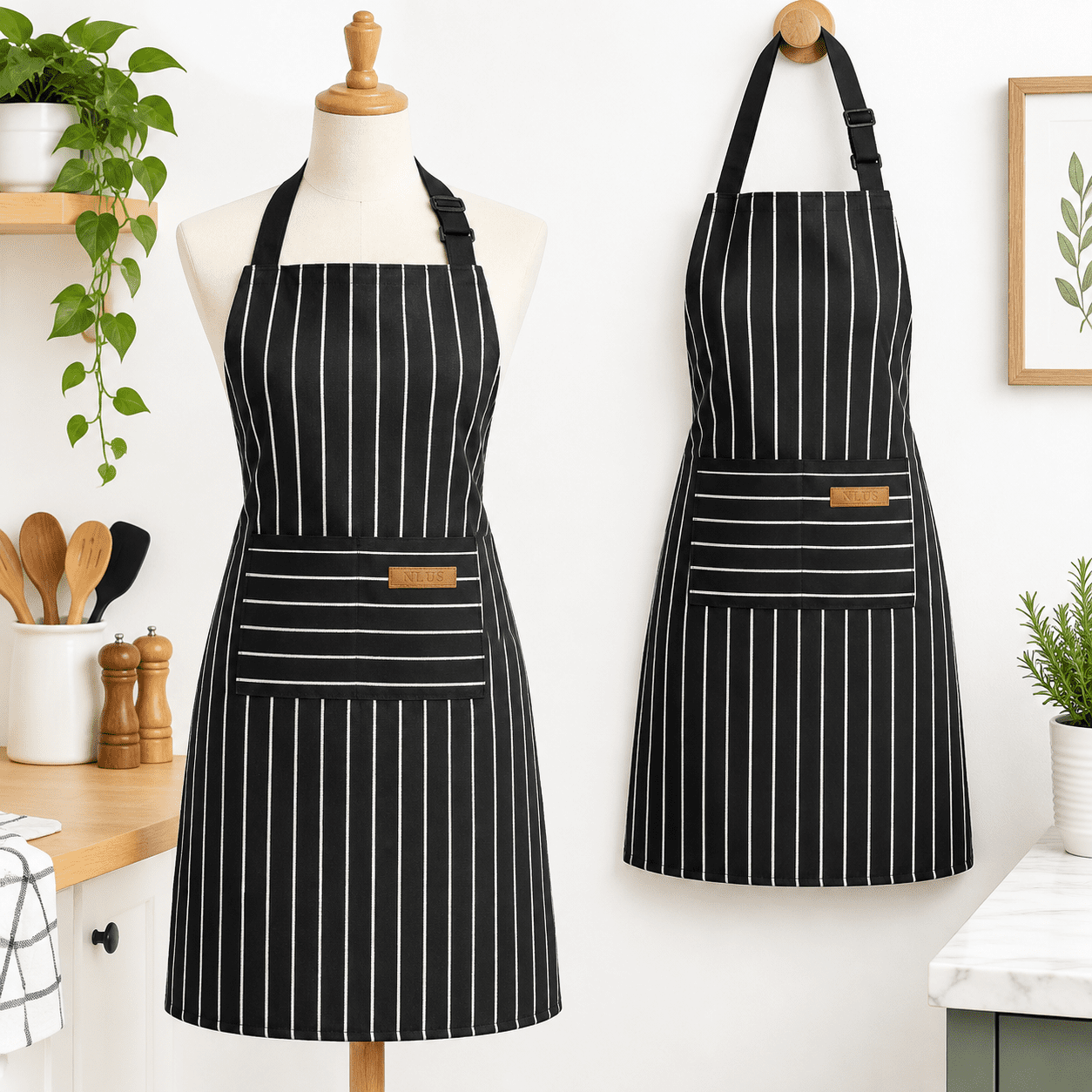 2 Pack White/Black-2 Stripe Adjustable Polyester Cotton Kitchen Cooking ...