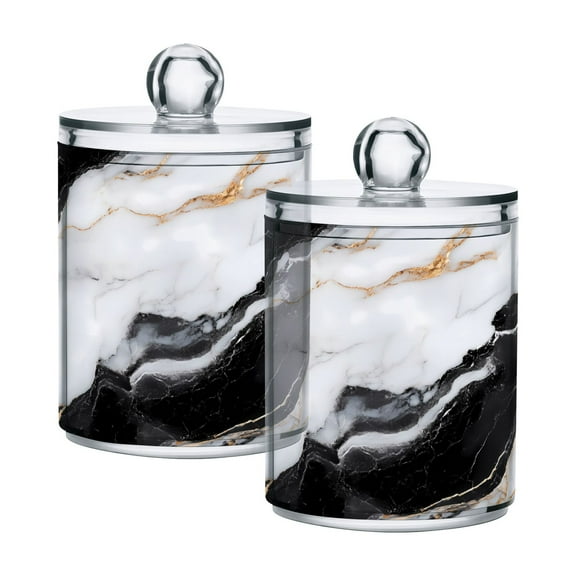 2 Pack White Black Marble Texture Qtip Holder Dispenser Clear Plastic Storage Apothecary Jars for Cotton Swabs Balls Pads Floss