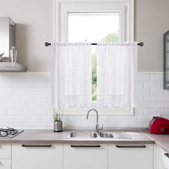2-Pack White Cafe Curtains, Linen-Look Semi-Sheer, 25 x 30.7 Inch, for Kitchen & Bathroom Windows