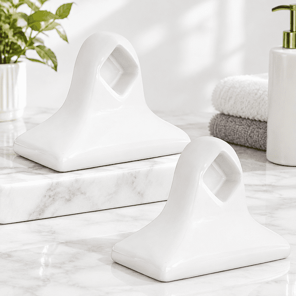 2 Pack White Ceramic Porcelain Towel Bar Brackets, Mid Century Modern Wall Mount Holder Set