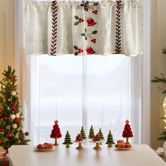 2 Pack White Christmas Embroidery Curtains - 55x18 Inch Short Curtains for Windows, Polyester Cafe Curtains with Rod Pocket, Holiday Decor for Kitchen & Bedroom