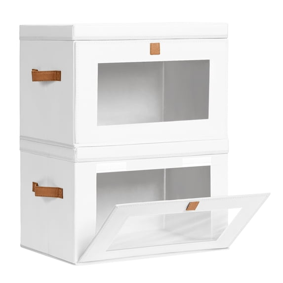 DIMJ Large Closet Storage Organizer with Lids - Collapsible Fabric Storage Bins with Handles & Front Opening Clear Window, 2 Pack, White