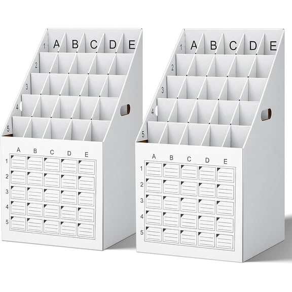 2 Pack White Corrugated Cardboard Vertical Roll File Holder with 25 Slots and Labeling Grid for Office or School