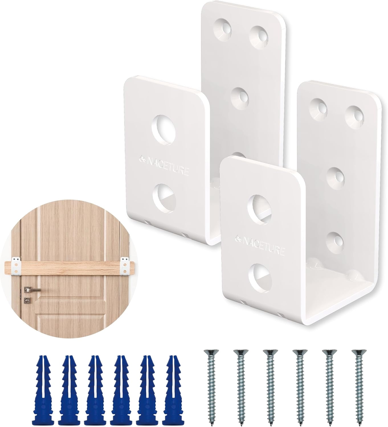 2 Pack White Door Barricade Brackets – Heavy Duty 2x4 U Bracket Door Brace Reinforcement Plates with Screws, Wall Mount Security Bar Holder for Front Door Safety, Anti-Rust Steel, Easy Install