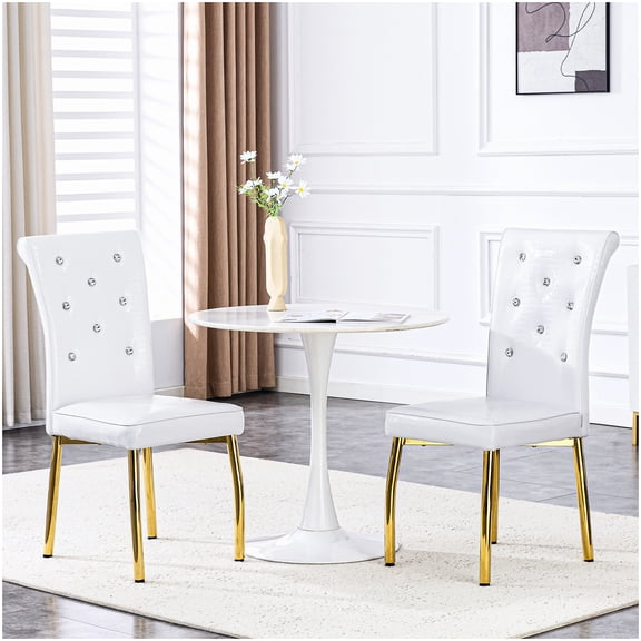 2-Pack White Faux Leather Dining Chairs - Alligator Pattern with Crystal Buttons and Gold Metal Feet for Elegant Dining