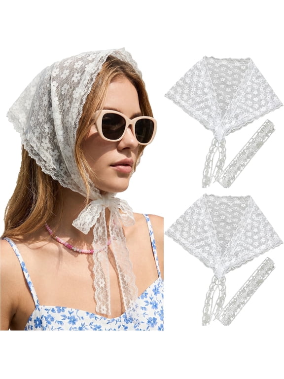 2 Pack White Floral Lace Triangle Head Wraps, Tie Design Decorative Hair Accessories for Women.
