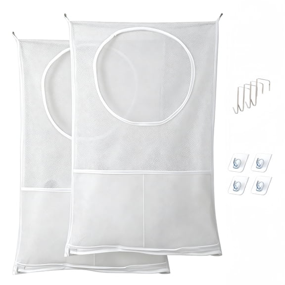 2 Pack White Hanging Mesh Laundry Bags with Dual Pockets, Wall Mount Dirty Clothes Hamper with 4 Adhesive Hooks & Over-the-Door Hooks, Breathable Laundry Organizer for Bathroom, Bedroom, Dorm & RV