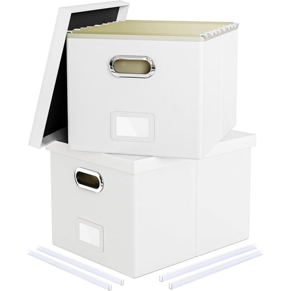 2 Pack White Leather-Finish Foldable File Storage Organizer Box with Lid, Fits Letter and Legal Folders