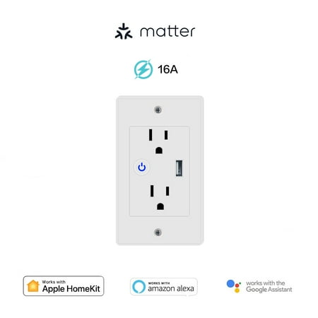2 Pack,White,Matter 16A USB Smart Wall Outlet,in-Wall Plug Socket,Compatible Work with Apple Homekit,Amazon Alexa, Google Home,Only supports 2.4GHz Wi-Fi