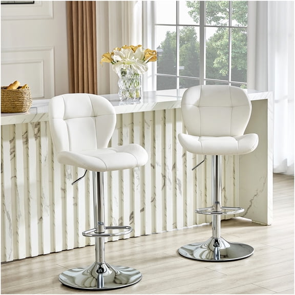 2-Pack White Modern Bar Stools, Height Adjustable PU Leather Counter Stools with Chrome Base and Footrest for Kitchen Island, Bar, Pub