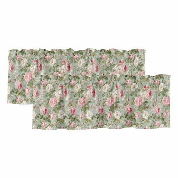 2 Pack White Pink Flower Valances for Windows Bedroom Living Room Window Treatments, Shabby Chic Spring Vintage Leaf Green Rod Pocket Valance Drapes Short Kitchen Curtains Over Sink 54"x18"
