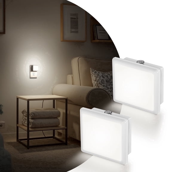 YANSUN 2 Pack Plug in Kids Night Light with Sensor, White Square, Auto on/off, 5000K for Nursery, Bedroom, Hallway