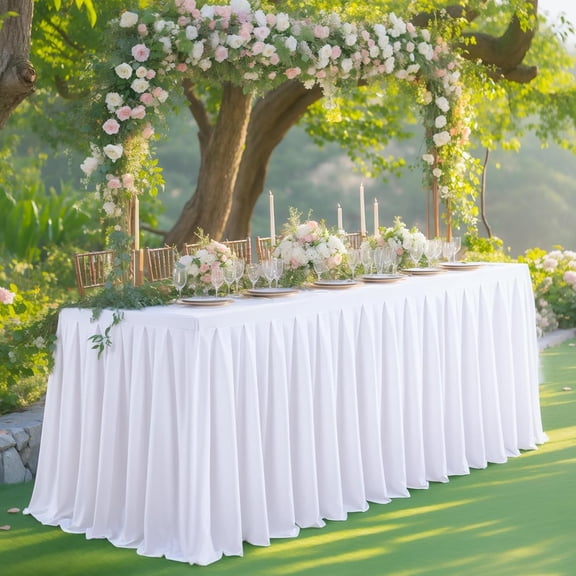 2 Pack White Rectangle Tablecloth 8 FT Stretch Spandex Fitted Table Cloth for 8 Foot Rectangle Tables Banquet Tablecloths Wrinkle Free Table Cover Skirt Ruffle Tablecloth for Party Wedding Birthday