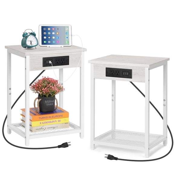 2 Pack White Side Table with Charging Station, End Table with 2 AC Outlets & 3 USB Ports, 2-Tier Mesh Shelf Nightstand, Industrial Side Table for Living Room Bedroom Sofa