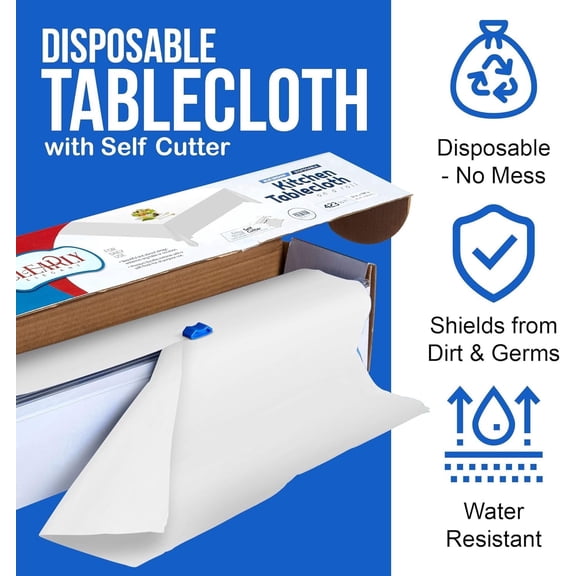 2 Pack White Solid Print Rolls 52 Inch x 100 Picnic/Party Plastic Tablecloth Roll, Disposable Picnic Colored Table Cloth On a Roll with Self Cutter Box,Indoor/Outdoor