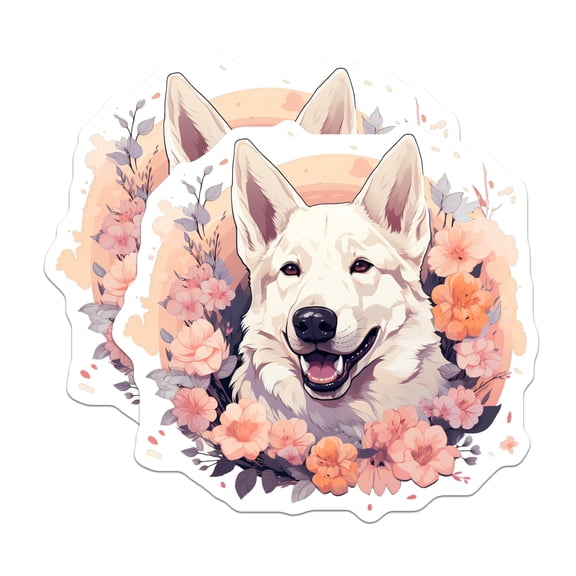 (2 Pack) White Swiss Shepherd Magnets - Floral Dog Art Decor - Pet Lover Aesthetic - Refrigerator Locker Accent - 5 Inches On Longest Side - Thick Durable Magnet - Made in USA - MAG24832