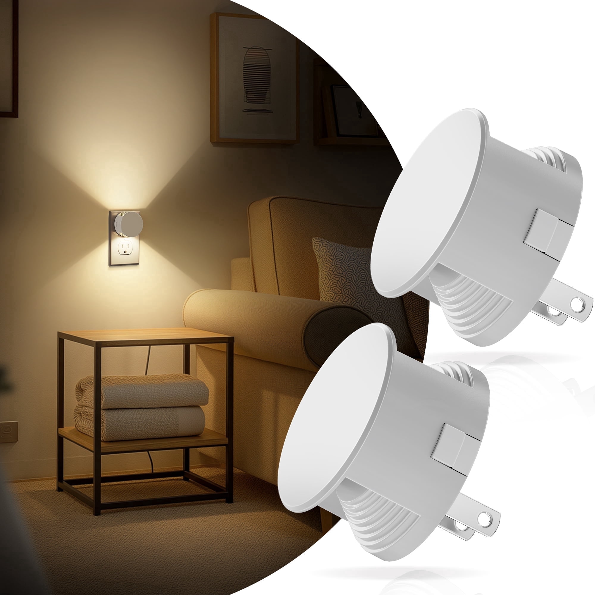 YANSUN 2-Pack 1-Watt Integrated LED Plug in Round Wall-Like Night Light with Light Sensor, Warm White 3000K, Button Adjustable for Bedroom Living Room