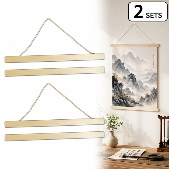 2 Pack White Wood Grain Scroll Hanging Rod, Wall Poster Frame with Clips for Canvas, Art & Calligraphy, 31cm