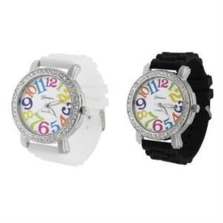 2 Pack White and Black Geneva Women's Large Round Face Silicone Rainbow Numbers Watch