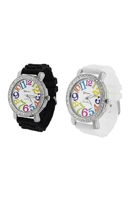 2 Pack White and Black Geneva Women's Large Round Face Silicone Rainbow Numbers Watch
