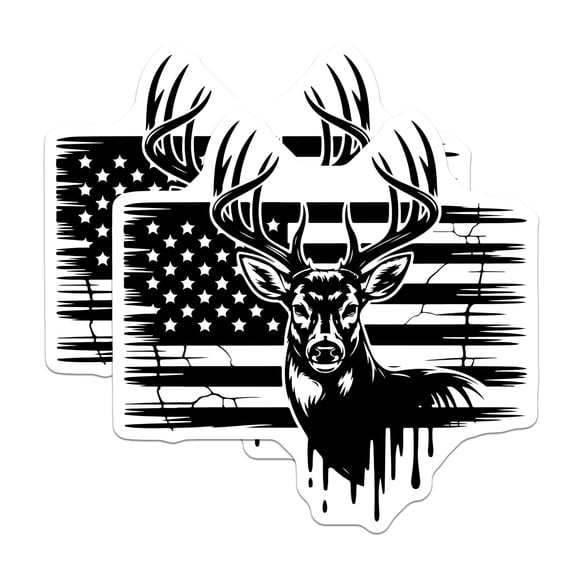 (2 Pack) Whitetail Deer Stickers - Distressed USA Flag Decal - Hunting Wildlife Art - 5" On Longest Side - Sticks to Smooth Flat Surfaces - Made in USA - BMCS21358