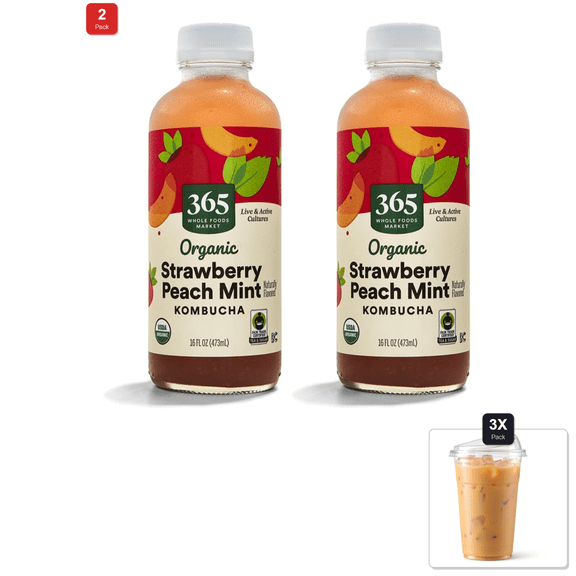2 Pack | Whole Foods Organic Strawberry Peach Mint Kombucha, 16 Fz & 3x 16oz Plastic Cup with Strawless Sip-Lid