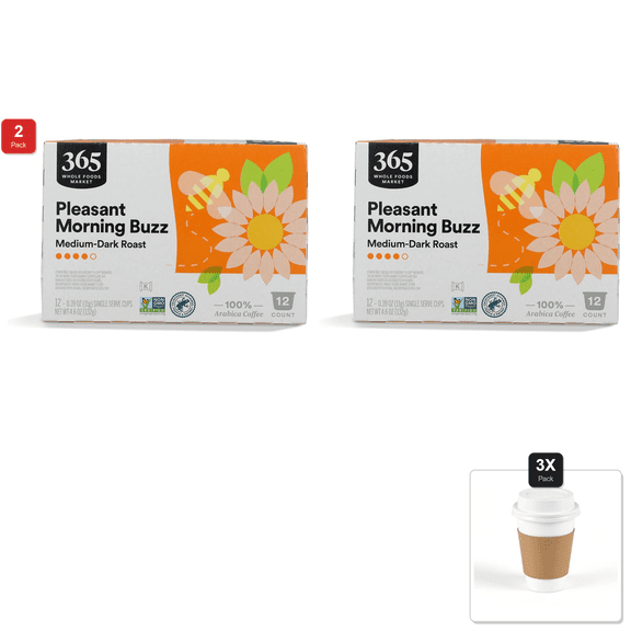 2 Pack | Whole Foods Pleasant Morning Buzz Coffee Capsule, 12 Count & 3x 12oz Disposable Coffee Cup with Lid & Sleeve