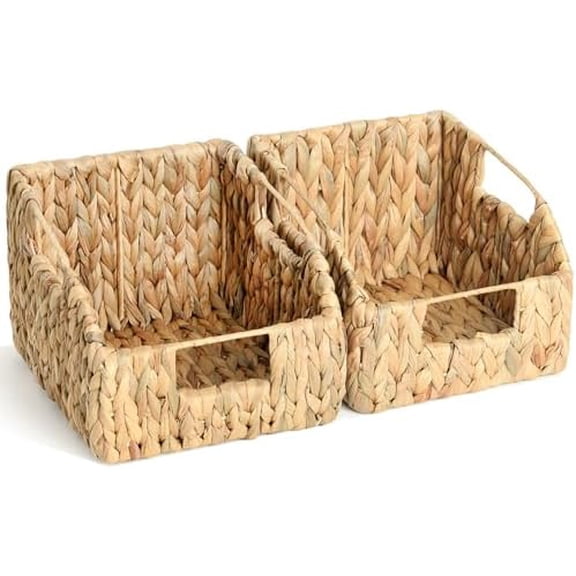 2-Pack Wicker Basket Set - Water Hyacinth Pantry Organizers and Storage w/Handles, For Home, Bedroom, Kitchen, & More - 100% Earth Friendly Woven Rattan, Simple Open Shape Decorative Baskets