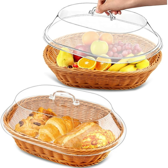 2 Pack Wicker Bread Food Basket with Acrylic Lid, Imitation Rattan Bread Basket, Bread Baskets for Serving Oval Woven Fruit Basket with Cover for Food Vegetables Display(13.78x9.84x5.91 In)
