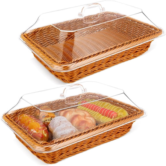 2 Pack Wicker Large Bread Basket with Acrylic Lid Housewarming Gift Woven Rectangular Imitation Rattan Fruit Basket with Cover for Serving Food Display Tabletop Home Kitchen(13.78x9.84'')