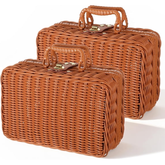 2-Pack Wicker Picnic Basket Set, Vintage Suitcase Style Plastic Rattan ...