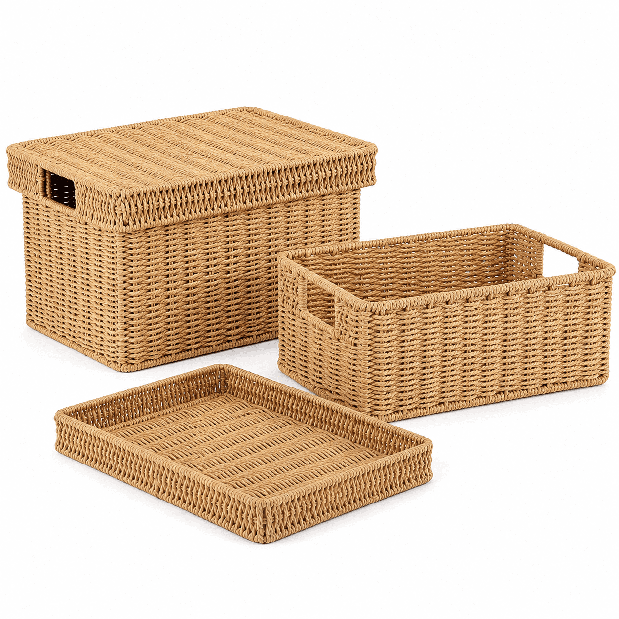 2 Pack Wicker Storage Baskets with Lids, Rectangular Woven Organizer