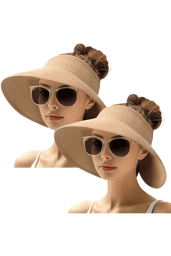 2-Pack Wide Brim Ponytail Sun Visor Hats for Women, UPF 50+ Foldable Straw Beach Hat for Travel & Outdoor