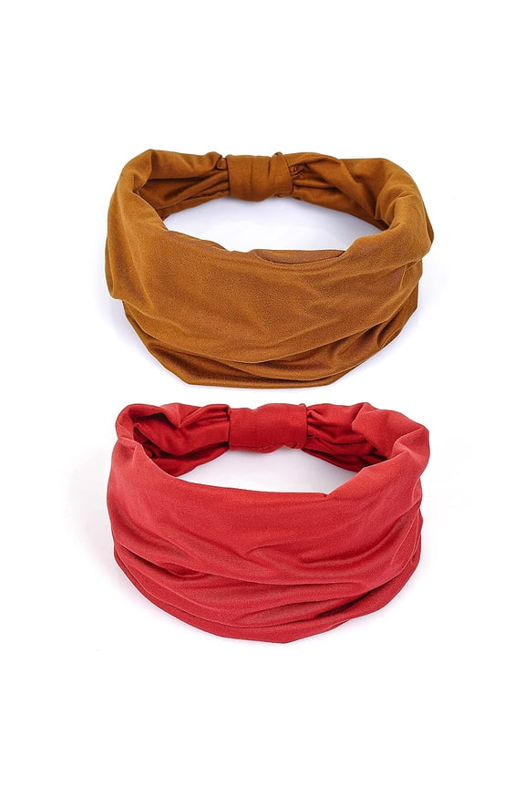 2 Pack Wide Headbands for Women Boho African Knotted Non Slip Fashion Hair Bands Yoga Running Sports Workout Gym Head Wraps Elastic Soft Cotton Cloth Turbans Bandana for Girls (Brown,Red)