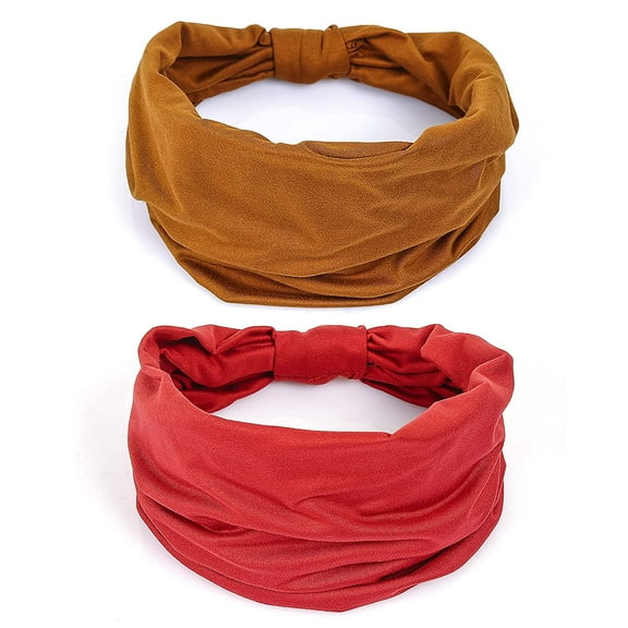 2 Pack Wide Headbands for Women Boho African Knotted Non Slip Fashion Hair Bands Yoga Running Sports Workout Gym Head Wraps Elastic Soft Cotton Cloth Turbans Bandana for Girls (Brown,Red)