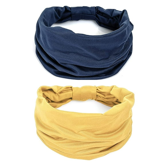 2 Pack Wide Headbands for Women Boho African Knotted Non Slip Fashion Hair Bands Yoga Running Sports Workout Gym Head Wraps Elastic Soft Cotton Cloth Turbans Bandana for Girls(Yellow,Navy)