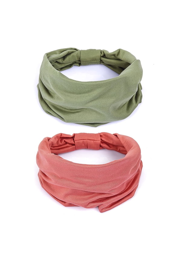 2 Pack Wide Headbands for Women Boho African Knotted Non Slip Fashion Hair Bands Yoga Running Sports Workout Gym Head Wraps Elastic Soft Cotton Cloth Turbans Bandana for Girls(Green, Pink)