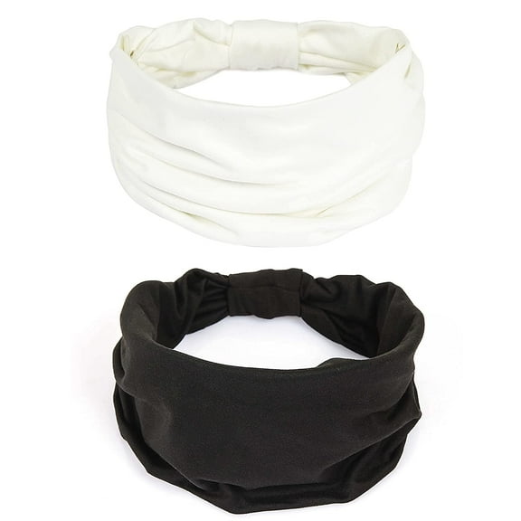 2 Pack Wide Headbands for Women Boho African Knotted Non Slip Fashion Hair Bands Yoga Running Sports Workout Gym Head Wraps Elastic Soft Cotton Cloth Turbans Bandana for Girls (White,Black)