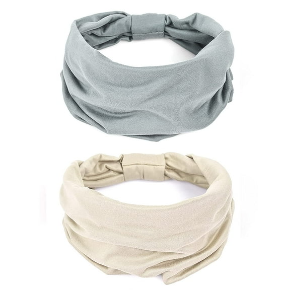 2 Pack Wide Headbands for Women Boho African Knotted Non Slip Fashion Hair Bands Yoga Running Sports Workout Gym Head Wraps Elastic Soft Cotton Cloth Turbans Bandana for Girls(Light Grey, Skin)