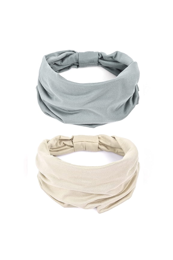 2 Pack Wide Headbands for Women Boho African Knotted Non Slip Fashion Hair Bands Yoga Running Sports Workout Gym Head Wraps Elastic Soft Cotton Cloth Turbans Bandana for Girls(Light Grey, Skin)