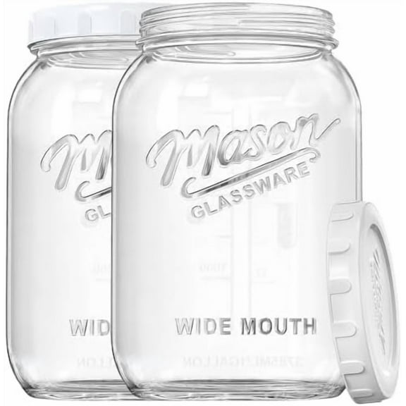 2 Pack Wide Mouth Mason Jars with Airtight Lid and Silicone Ring - 1 Gallon Large Glass Containers for Food Storage like Flour Sugar, Sun Tea, Kombucha, Refrigerator Safe Fermentation Jar