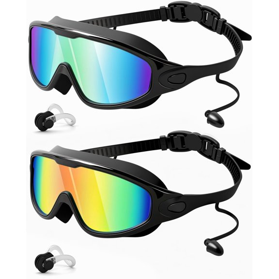 2-Pack Wide View Anti-Fog Swim Goggles, UV-Protected No-Leaking Swimming Glasses with Earplugs for Adults, Men, Women & Kids