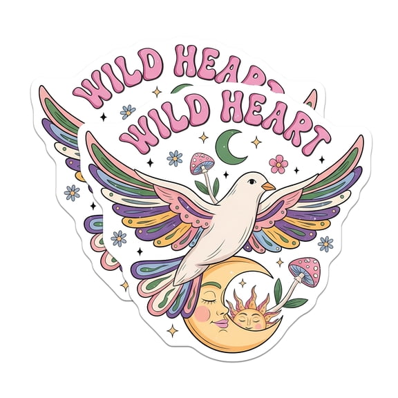 (2 Pack) Wild Heart Dove Moon Stickers - Celestial Boho Hippie Decals - Psychedelic Aesthetic Art - 5" On Longest Side - Sticks to Smooth Flat Surfaces - Made in USA - BMCS21976