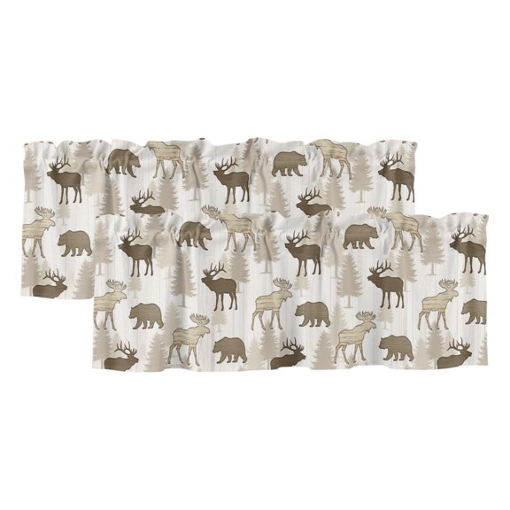 2 Pack Wildlife Valance for Window Rustic Brown Moose Bears Pine Trees Silhouette Kitchen Valance Rod Pocket Short Curtain Topper Decorative Window Treatment for Living Room Bedroom 42"x18"