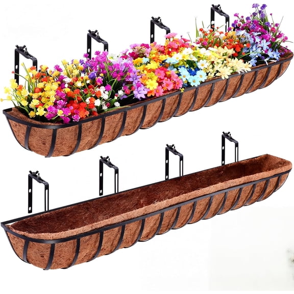 2 Pack Window Baskets with Coconut Liner Deck Planters Boxes Railing Planter Metal Hanging Flower for Indoor Outdoor Lawn (48 Inch)