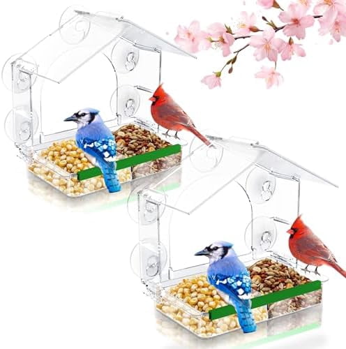 2-Pack Window Bird Feeder, 5 Strong Suction Cups Clear Feeder for Birds, Easy-to-Clean Detachable Feeding Tray, Weatherproof Garden Decor, Gifts for Bird Lovers, Cats-Clear