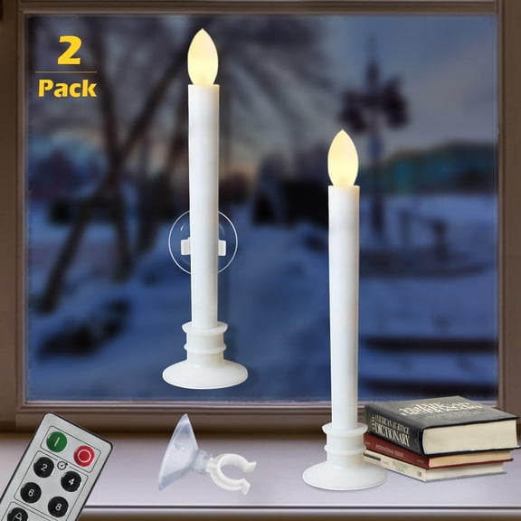 2 Pack Window Candles, Remote Controlled,White Holders,LED Flickering,Timer,Suction Cups Flameless for Christmas Decorations