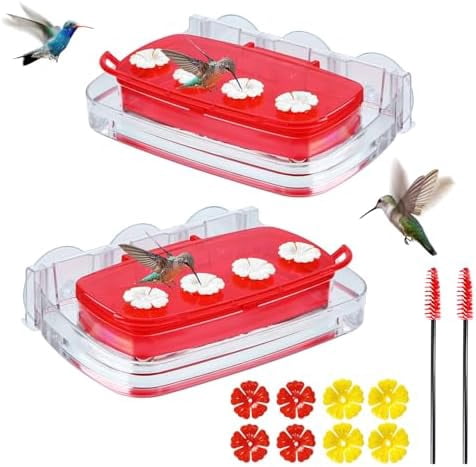 2 Pack Window Hummingbird Feeder with Strong Suction Cup, Plastic Hummingbird Feeders for Outdoors, Built-in Moat,Easy to Clean and Refil (10oz) (2, Red)