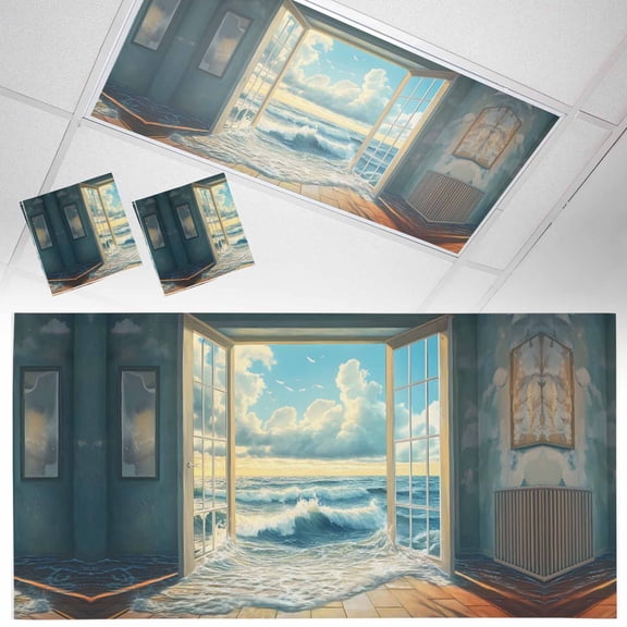 2 Pack Window On The Ocean Fluorescent Light Covers for Ceiling Lights Wave Cloud Summer Scenery Magnetic Ceiling Light Covers Overhead Light Filters for Office Classroom Home